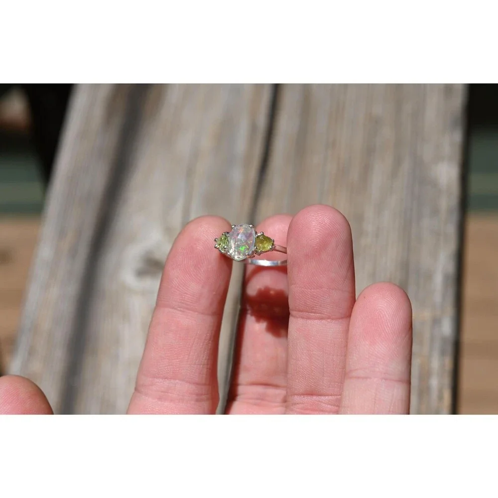 Engagement ring Opal & Peridot Ring in Sterling Silver – Unique Fire Play Engage